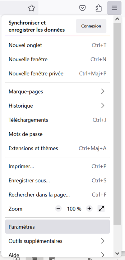 Menu de l'application Firefox, avec les paramètres en surbrillance